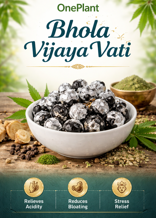 Bhola Vijaya Vati product with ingredients on a wooden surface, featuring OnePlant branding.