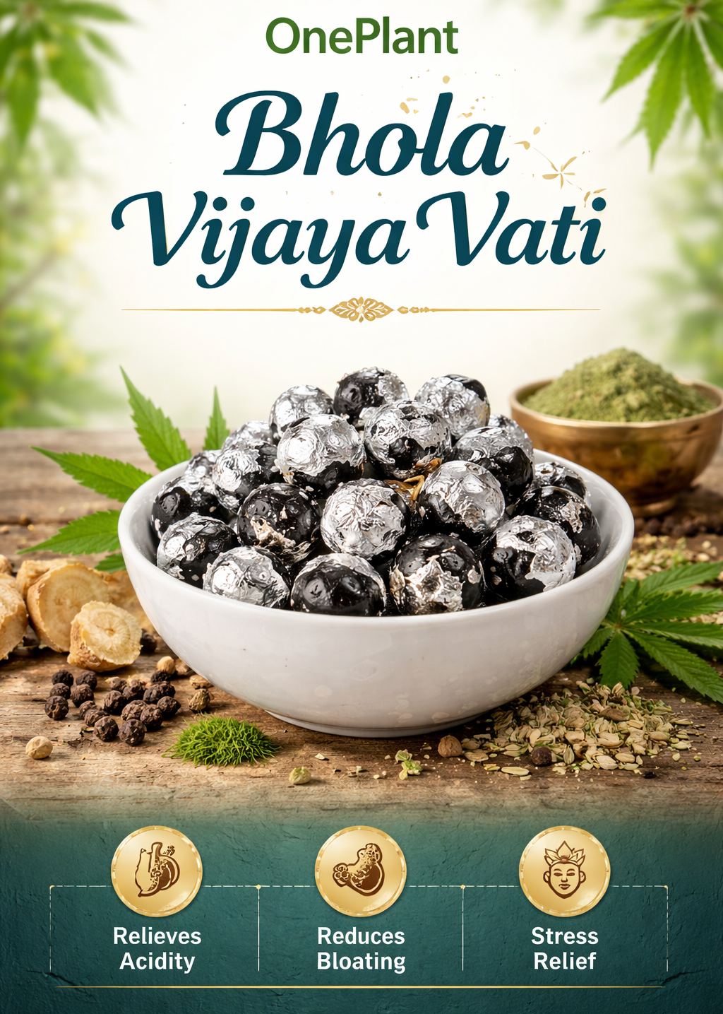 Bhola Vijaya Vati product with ingredients on a wooden surface, featuring OnePlant branding.